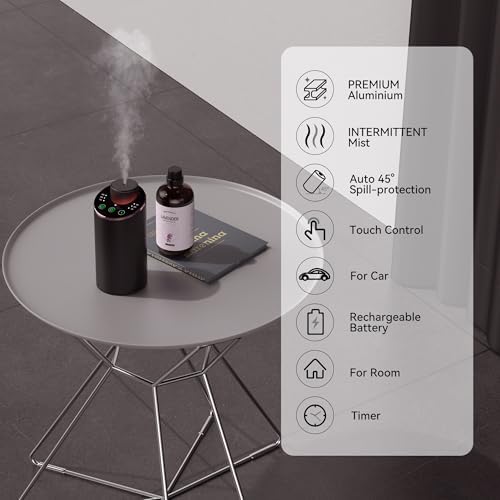 Waterless Essential Oil Diffuser Aromatherapy Scent Diffusers for Home Large Room, Bedroom, Car, Office, Desk, Battery Operated Mini Portable Air Freshener, 3 Countdown Timers & 3 Mist Levels