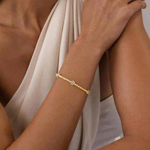 M MOOHAM Gold Beaded Bracelets for Women Girls, 14K Gold-Plated Dainty Cross Puffy Heart Round Cubic Zirconia Stretch Bead Ball Bracelet for Women Teen Girls Trendy Jewelry Gifts
