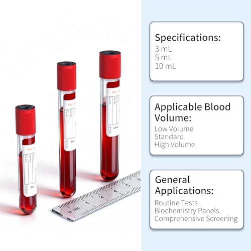 100-Pack 5ml Plain Vacuum Sealed Tube, No Additive, Professional-Grade Vacuum Sealed Specimen Tubes with Red Cap for Laboratory, Pet, Clinical Use, Lab Supplies