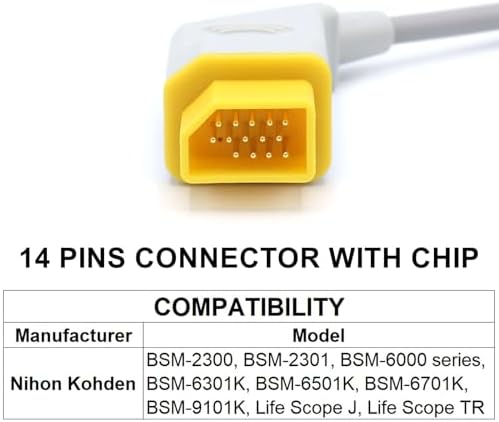 10.5FT IBP Adapter Cable with Chip Compatible with Nihon Kohden, Reusable Cord with 14 Pins Connector and Edwards Connector