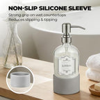16 oz Hand and Dish Soap Dispenser Set for Kitchen and Bathroom, 500ml Clear Glass Soap Dispenser with Stainless Steel Pump, Non-Slip Silicone Sleeves, Labels - 2 Pack