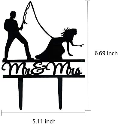 YzYbuaego Fishing Wedding Cake Topper, Black Mr & Mrs Cake Topper, Fishing Theme Wedding/Engagement/Bridal Shower Decoration (Couple)