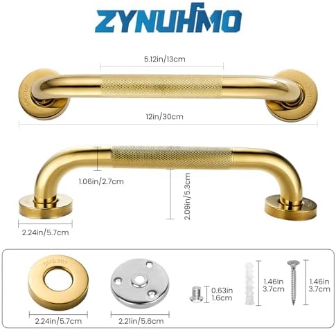 Grab Bars for Shower, Zynuhmo 2 Pack 12 Inch Anti Slip Stainless Steel Bathroom Safety Shower Grab Bar Handrails for Handicap Injury Pregnant Senior Assist Shower Handles(Titanium Gold, 1" Diameter)