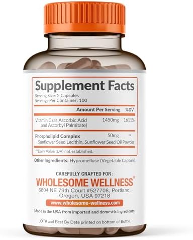 Wholesome Wellness Liposomal Vitamin C Capsules (200 Pills 1500mg Buffered) High Absorption, Immune System & Collagen Booster, High Dose Fat Soluble Immunity Support Ascorbic Acid, Natural Vegan