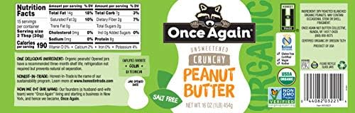 Once Again Organic Crunchy Peanut Butter No Sugar Added - Single Ingredient, Unsalted, Natural Peanut Butter No Palm Oil - Glass Jar, Non-GMO, Gluten Free - Chunky, Unsweetened - 1 Jar (16 oz)