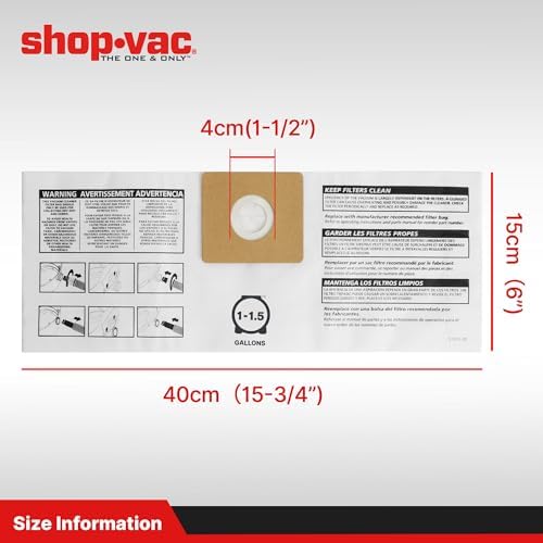Shop-Vac 9066733 Disposable Filter Bags, Fits 1-1.5 Gallon Tanks, Dry Pick Up Only, White, (3-Pack)