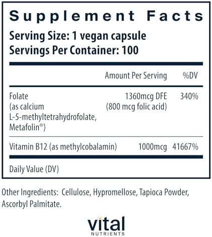 Vital Nutrients Vitamin B12 & Methyl Folate - Vegan Methylated Folate & B12 Supplement - 5-MTHF Plus B12 Supports Nervous System & Metabolism* - Gluten, Dairy, Soy Free - 100 Capsules