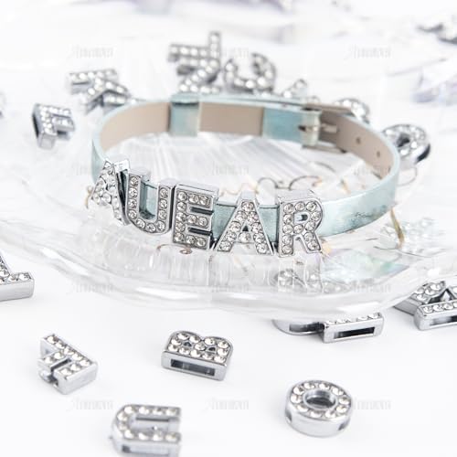 AUEAR, 52 Pack Silver A-Z 8mm Full Rhinestone Slide Crystal Alphabet Alloy Letter Charm for Bracelets Necklace Wristbands DIY Jewelry Making