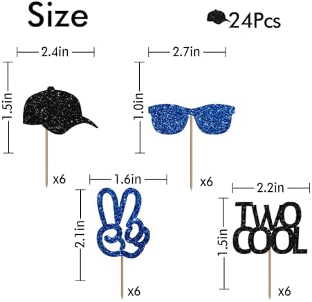 Two Cool Cupcake Toppers, Baby 2nd Birthday Party Decor for Boys, Sunglasses Sign Dessert Picks, Two Years Old Birthday Party Decoration - Blue & Black Glitter