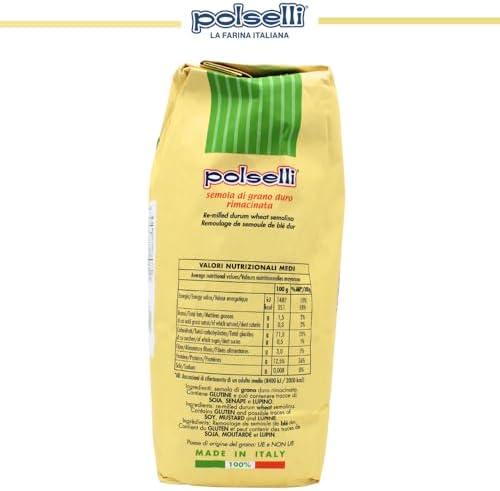 POLSELLI Italian Semola Flour, 11 lbs (5 kg), Fine Ground Semolina Rimachinata for Fresh Pasta, Bread, Durum Wheat, Product of Italy,