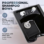 Pibbs Heavy-Duty Black Porcelain Shampoo Bowl for Professional Salons, Single-Handle Faucet, Spray Hose & Hardware. Wall-mounted design, PIB-5300