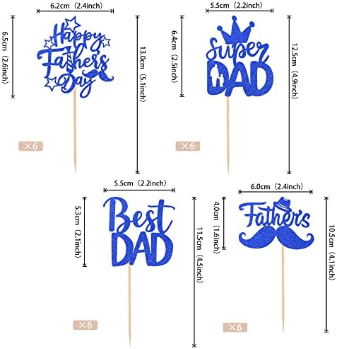 24 PCS Happy Father's Day Cupcake Toppers with Glitter Moustache Hat love Father Super Daddy Best Dad Cupcake Picks for Happy Father's Day Theme Men Birthday Party Cake Decorations Dark Blue