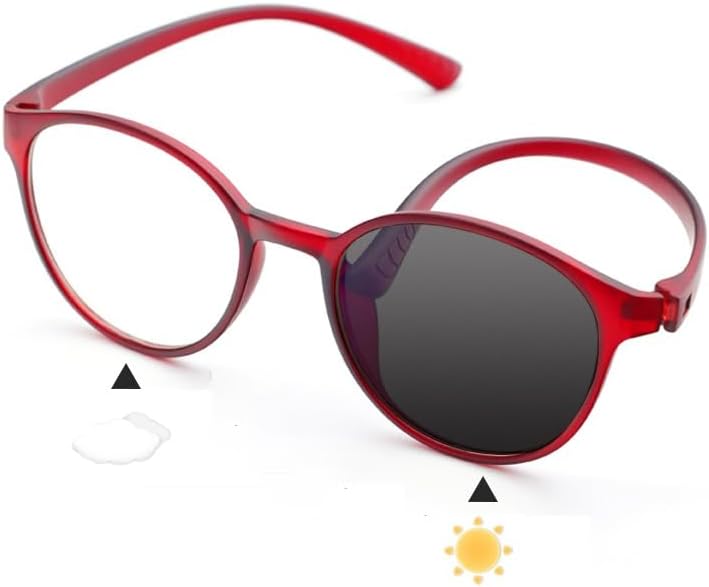 Oval Frame Reading Glasses Photochromic MultiFocus Sunglasses, Red Progressive Presbyopia Readers, Anti Blue Light