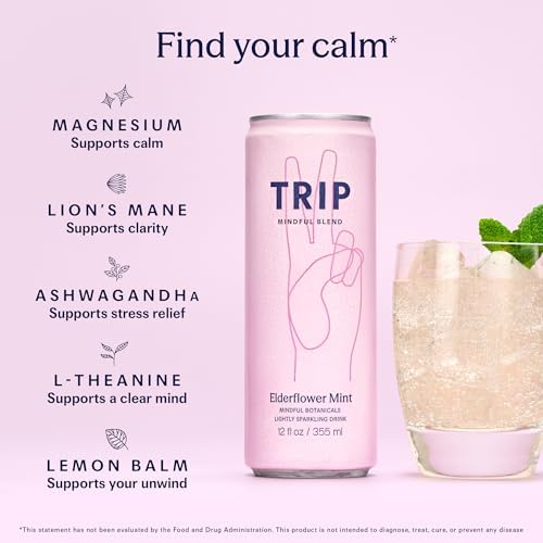 TRIP Lightly Sparkling Adaptogen Drink, Non Alcoholic Drink with Magnesium, Ashwagandha, Lions Mane & L Theanine, No Added Sugar Mocktail, Vegan, Elderflower Mint, 12 Oz, 12Pk