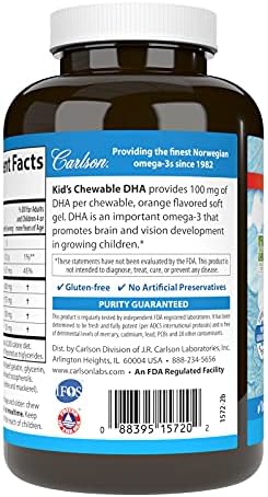 Carlson - Kid's Chewable DHA, 100 mg DHA, Brain Health, Vision Function, Growth & Development, Orange, 180 Chewable Softgels