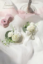 Floroom Ivory Ranunculus Peony Wrist Corsage Wristlet Band Bracelet and Men Boutonniere Set for White Wedding Flower Accessories Prom Suit Decorations