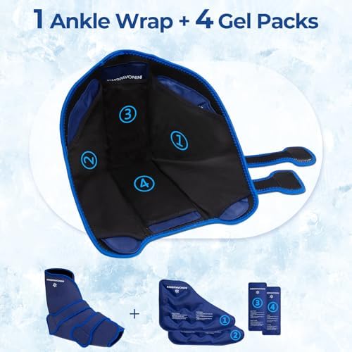KingPavonini Ankle Foot Ice Pack Wrap for Sprained Ankle/Surgery Recovery, Reusable Gel Ice Packs for Feet Injuries, Plantar Fasciitis, Achilles Tendonitis, Hot/Cold Therapy, XL (1 Wrap+4 Gel Packs)