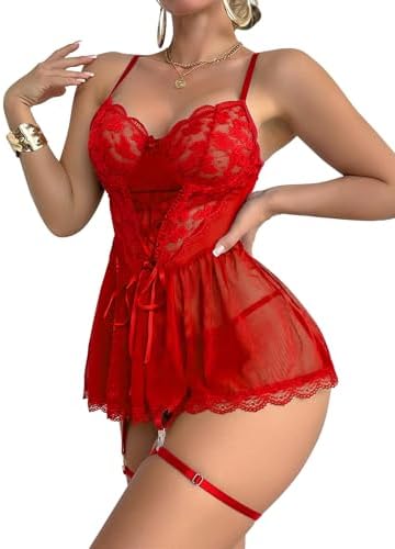 Lilosy Sexy Garter Belt Mesh Lace Babydoll Lingerie Dress Set with Thong