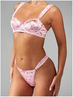 MakeMeChic Women's 2 Piece Sexy Lingerie Sets Satin Heart Print Bow Underwire Bra and Thongs Set