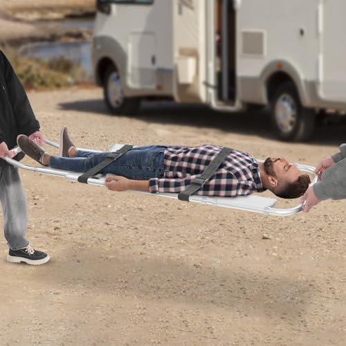 80" x 17" Portable Foldable Scoop Stretcher Aluminum Emergency Stretcher with Adjustable Length Patient Transport Medical Stretcher for Rescue, with Safety Belt and Hinge Device, 350 Lb Load Capacity
