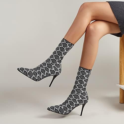 Jeesay Women's Sexy Pointed Toe Sock Ankle Boots Stiletto High Heels Mid Calf Booties Stretch Knit Shoes Warm…