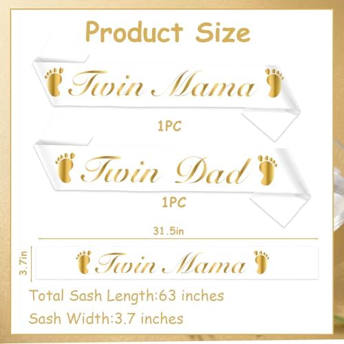 Twin Mama Dad Sash Set, Two Little Cuties Baby Shower Decorations Golden He or She Neutral Twins Gender Reveal Newborn Party Photo Props for Future Mom Daddy