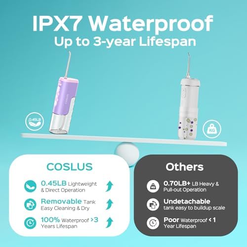 COSLUS T40 Mini Water Flosser for Travel: Portable Compact Design, Cordless Oral Irrigator with 4 Jet Tips, Removable Tank & IPX7 Waterproof for Braces, Sensitive Teeth & On-The-Go Use, Pink Purple