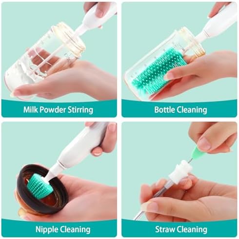 Electric Bottle Brush Cleaner, Portable Rechargeable Baby Bottle Cleaner Kit for Travel with Silicone Nipple & Straw Brush, Drainage Rack, Storage Box(Green)