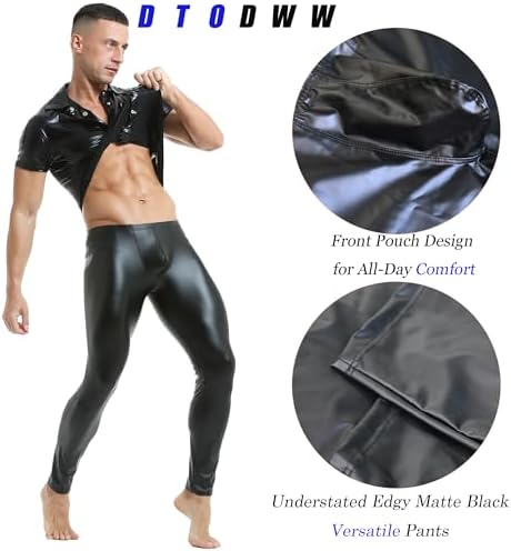 DTODWW Men's Faux Leather Activewear Leggings Slim Fit Tight Pants Long PU Pants for Men Clubwear