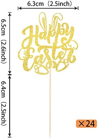 24 Pack Happy Easter Cupcake Toppers with Gold Glitter Rabbit Ear Cupcake Food Picks Bunny Paw Cake Decorations for Happy Easter Themed Baby Shower Kids Birthday Party Supplies