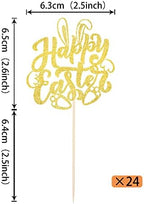 24 Pack Happy Easter Cupcake Toppers with Gold Glitter Rabbit Ear Cupcake Food Picks Bunny Paw Cake Decorations for Happy Easter Themed Baby Shower Kids Birthday Party Supplies