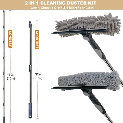 20+ Feet High Reach 2 in 1 Window Washing Squeegee & Duster with 3-14 ft Spliceable Extension Pole // Window Cleaning Kit with 3 Replace Pad for Home Indoor Outdoor Window Washing (Gray)