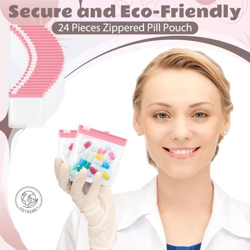 24 Pieces Pill Pouch Bags Zippered Pill Pouch Set Reusable Translucent Medicine Organizer Self Sealing Medicine Bag Travel Plastic Pill Bags with Slide Lock Pill Baggies for Pills (Light Pink)