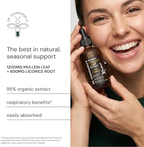 Dr Sosnowski's Mullein Drops for Lungs 120ml | 1200mg High Strength Mullein Leaf Extract with 600mg Licorice Root for Daily Routine, Flavonoid Support, Saponin Balance | 2 Months Supply