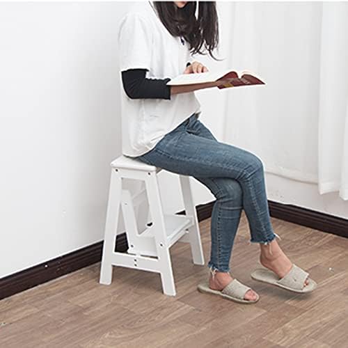 Wooden Step Ladder Chair Household Wooden 2 Step Stool Folding Ladder Chair Multifunction Home Kitchen Step Safety Non-Slip Tread Ladder for Indoor and Outdoor 150kg Capacity, White