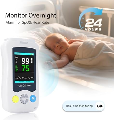 Overnight Pulse Oximeter, Medical Grade Accuarcy SpO2 & PR Continuous Pulse Oximeter Pediatric Blood Oxygen Saturation Monitor Handheld Infant with Adjustable Alarms and 500 Data Storage for Adult Baby