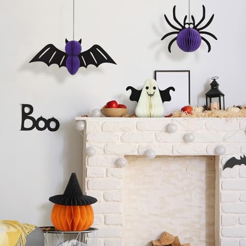 4 PCS Halloween Honeycomb Paper Decorations Set Halloween Centerpieces for Table Pumpkin Hanging Bat Ghost Ornaments Foldable Party Supplies Home Decor