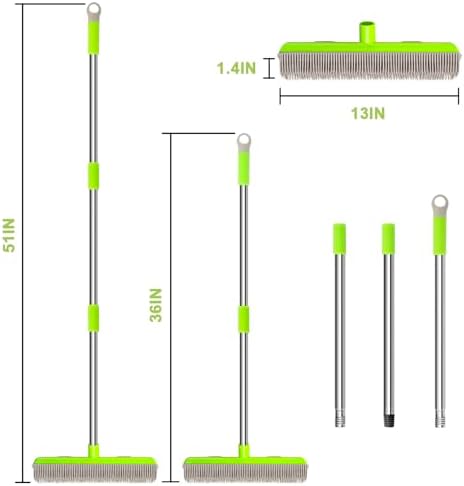 Pet Hair Removal Rubber Broom, Carpet rake with Squeegee for Cleaning Pet Hair, 52 inch Long Handle Rubber Broom,Dual-Sided for Fluff Carpet, Hardwood Floor, Tile,Green