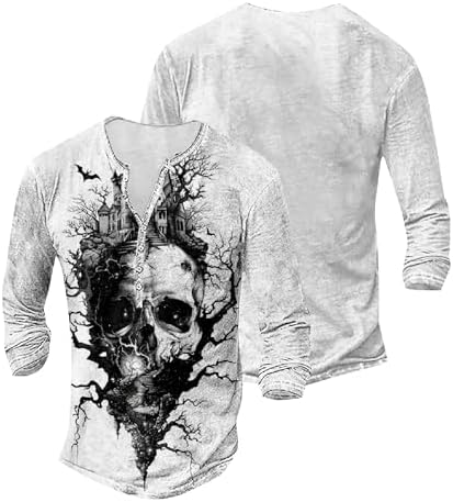 Skull Long Sleeve Henley Shirts for Men Graphic Gothic Y2K Tee Shirts Half Button Casual Pullover Trendy Fall Tops