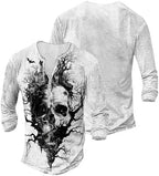 Skull Long Sleeve Henley Shirts for Men Graphic Gothic Y2K Tee Shirts Half Button Casual Pullover Trendy Fall Tops