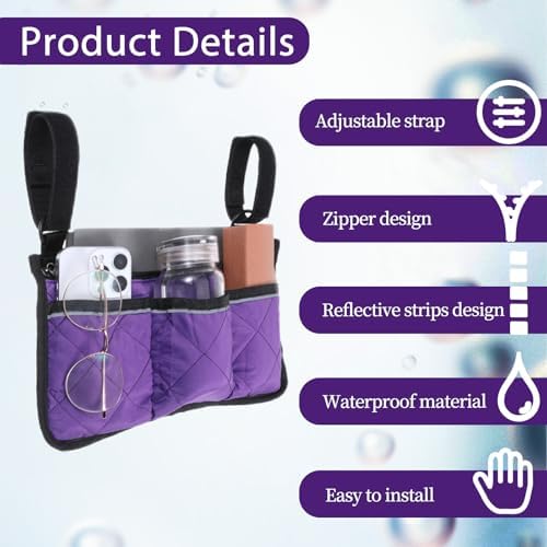 Wheelchair Side Bag, Wheelchair Bag Armres Waterproof Wheelchair Armrest Pouch with Reflective Stripe, Bag for Wheelchair Side Organizer Wheelchair Pouch Side Pocket for Wheelchair, Purple