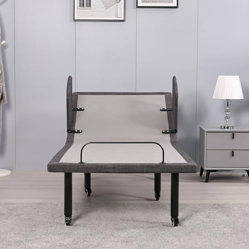 ESHINE Adjustable Bed Frame with Wireless Remote, Head and Foot Incline, Adjustable Leg with Wheel, Bed Rail, Nursing Bed Base
