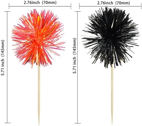 Gyufise 30Pcs Foil Firework Cupcake Toppers Sparkle Tinsel Cake Toppers Tinsel Drink Cake Decoration Cocktail Picks for Birthday Wedding Graduation Party Supplies Black Orange