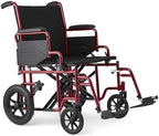 Medline Bariatric Transport Chair for Adults and Seniors, Supports up to 450 lbs, Extra-Wide 22" Seat, Transport Wheelchair has Swing-Away Desk Length Arms and Swing-Away Footrests, Red
