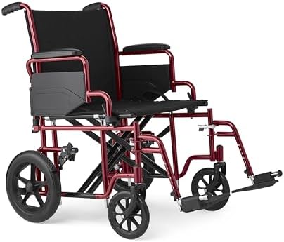 Medline Bariatric Transport Chair for Adults and Seniors, Supports up to 450 lbs, Extra-Wide 22" Seat, Transport Wheelchair has Swing-Away Desk Length Arms and Swing-Away Footrests, Red