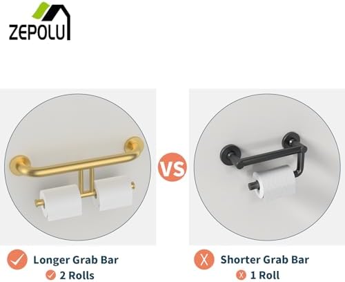 Brushed Gold Grab Bar for Bathroom 17 Inch, Zepolu Stainless Steel 2-in-1 Safety Handrail w/Double Toilet Paper Holder, Wall Mounted Balanced Support Bar Assist Handle for Senior Elderly Handicap