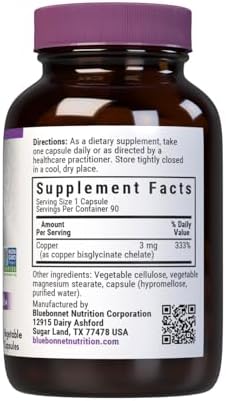 Bluebonnet Nutrition Albion Chelated Copper, Nervous System & Immune Health*, Soy-Free, Gluten-Free, Non-GMO, Kosher Certified, Dairy-Free, Vegan, 90 Vegetable Capsules, 90 Servings