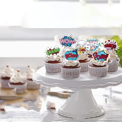 63 PCS Edible Super Hero Boom Cupcake Toppers Smash Crash Pow Cupcake Picks Edible Superhero Cake Decorations for Celebrating Hero Theme Baby Shower Kids Birthday Party Food Decorations Supplies
