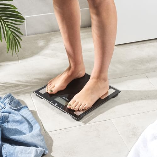 Salter 9150 BK3R Glass Analyser Bathroom Scale - Digital Weighing Scales, Measures Body Weight/Fat/Water/BMI, Accurate Instant Readings, Includes Athlete Mode, Easy to Read, Large LCD Display, Black