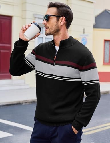 MAGCOMSEN Men's Sweaters 1/4 Zip Cotton Sweater Pullover Polo Sweaters Striped Fall Winter Warm Sweatshirts